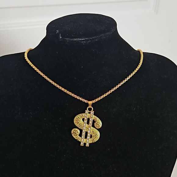 Men's Gold Plated Dollar Sign Pendant Chain 13" - Picture 11 of 16